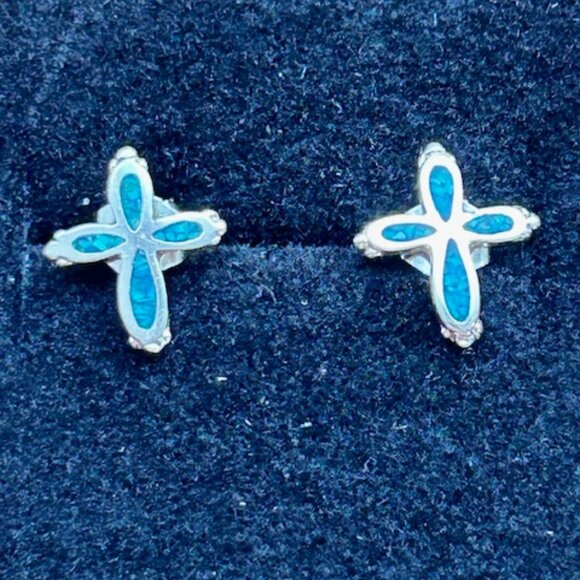 Blue Opal Sterling silver Cross pierced earrings - Picture 2 of 2